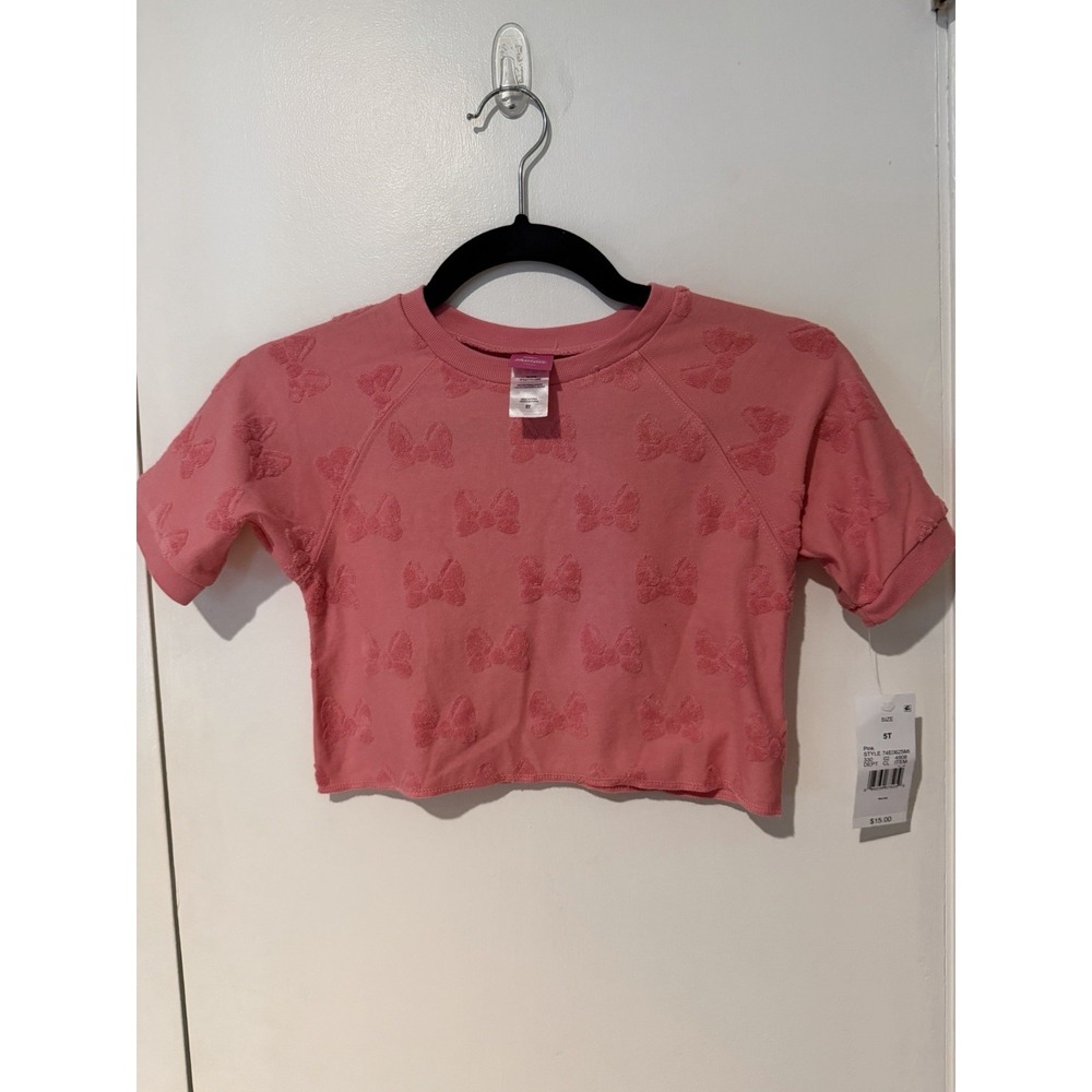 Minnie Mouse Size 5T Embossed Terry Cloth Bows Pink T-shirt Short Sleeve Boxy